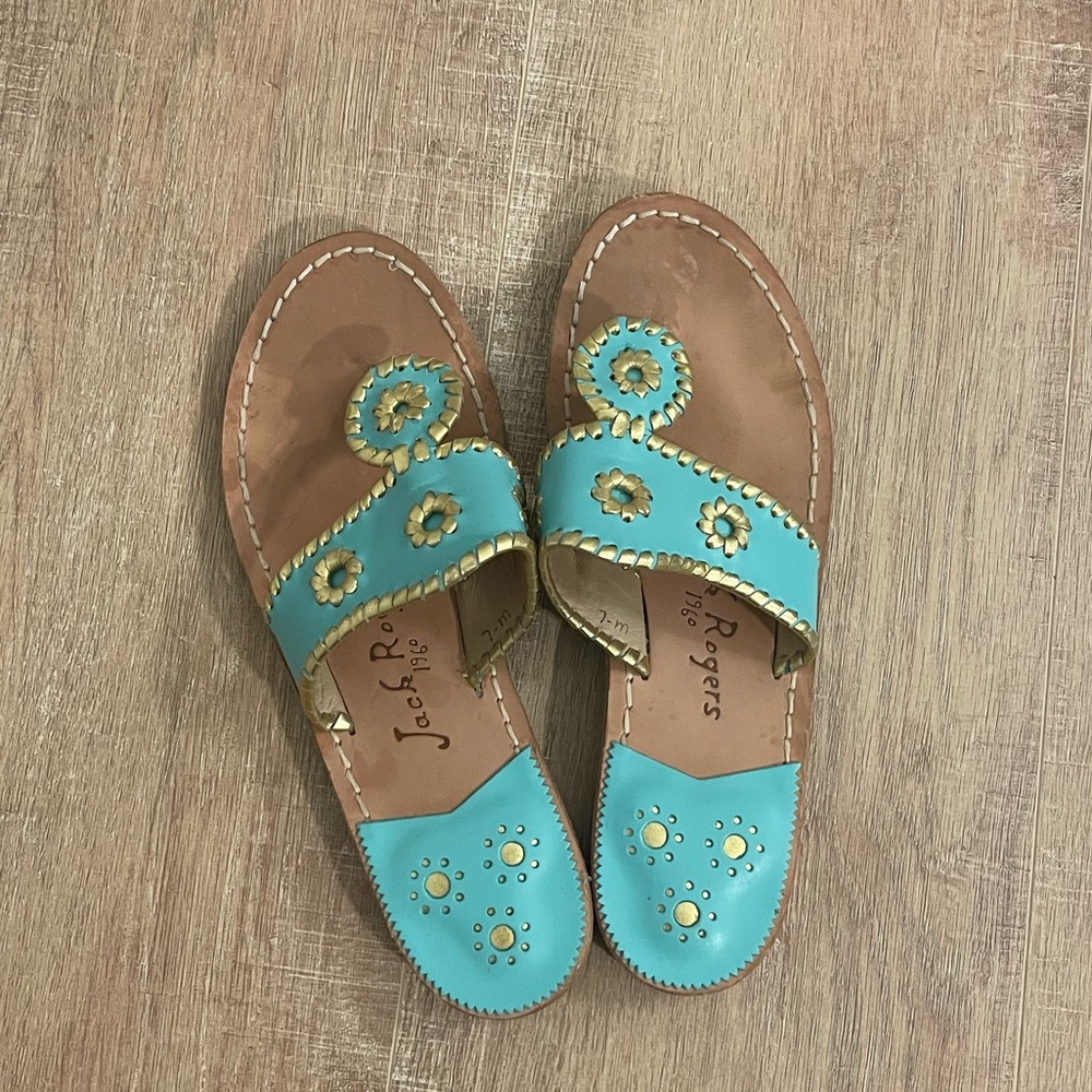 Jack Rogers Aqua and Gold Sandals